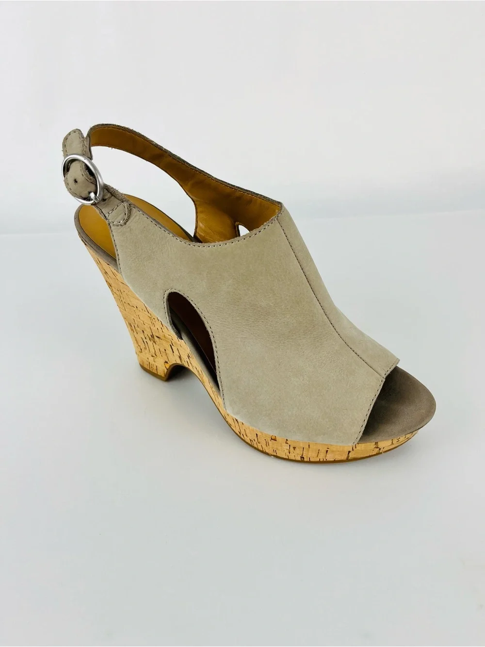 Franco Sarto Gabriel Peep Toe Suede Leather Wedge Sandal Taupe Gray Tan Size 8.5